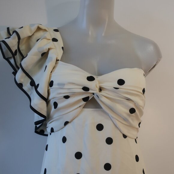 NWT Womens Benaar Natalie Ivory Black Polka Dot One Shoulder Paris Midi Dress S - Picture 6 of 15